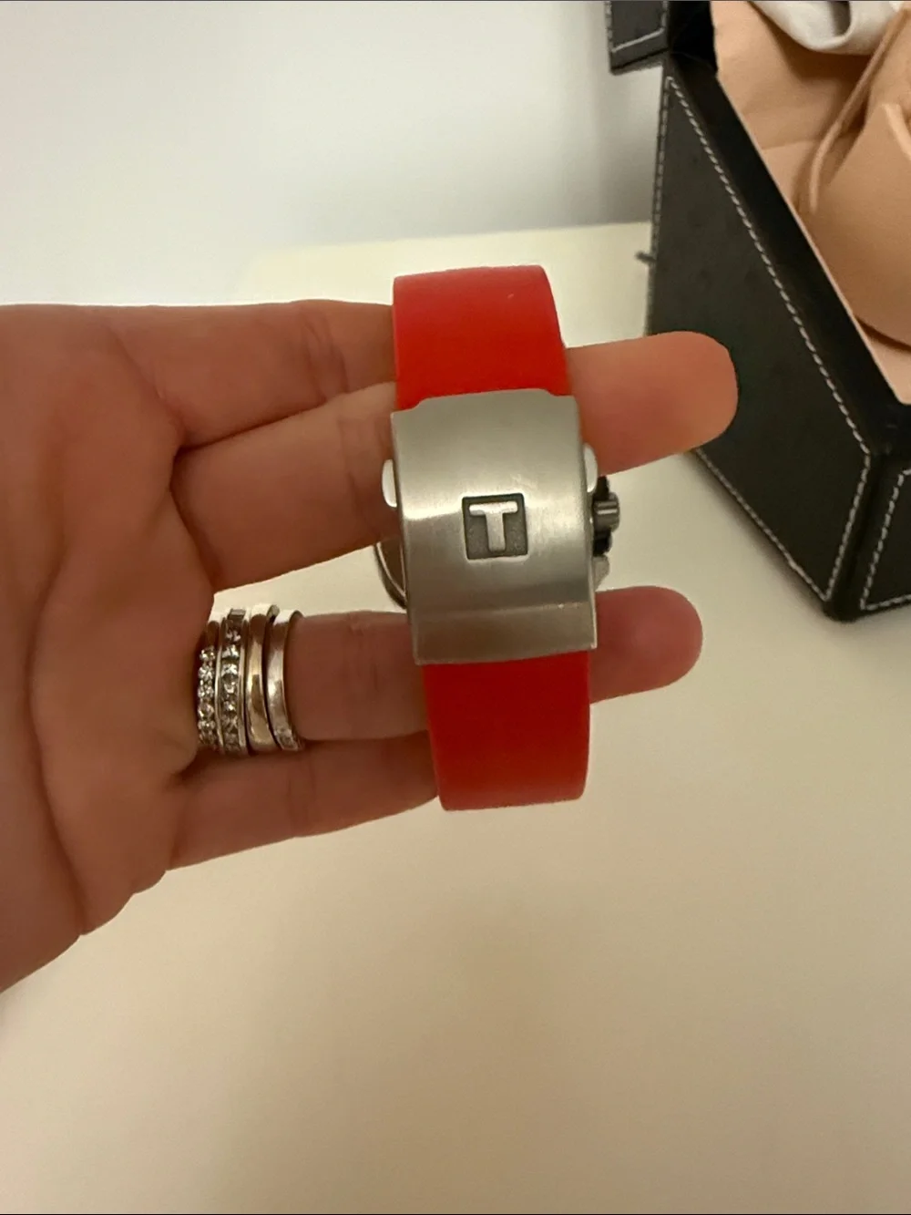 Tissot Black Dial Chronograph with Red Leather Strap